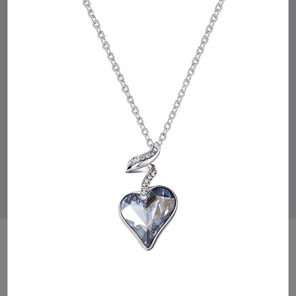 Denim Blue Heart Pendant Necklace w/ Crystals
